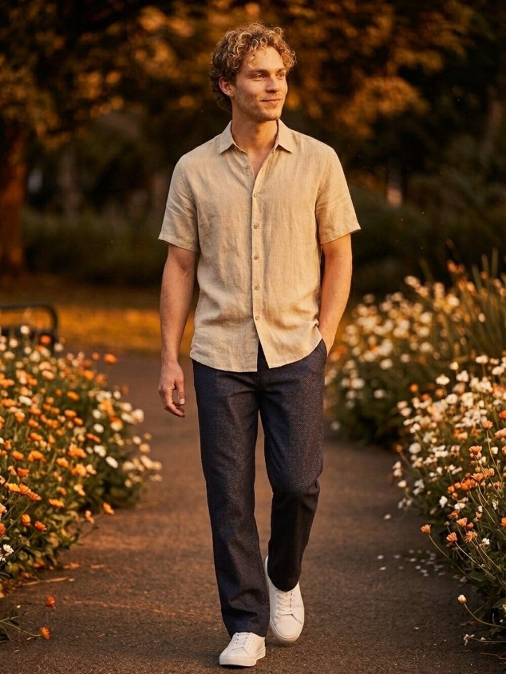 Set sales-Beige Linen Shirt/10776+Navy Temperature Control Denim Pants/26612